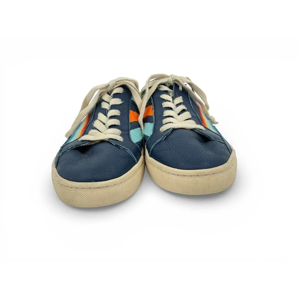 Soludos Chill Out Navy Leather Low Top Sneakers Womens 9.5‎ Embroidered Rainbow